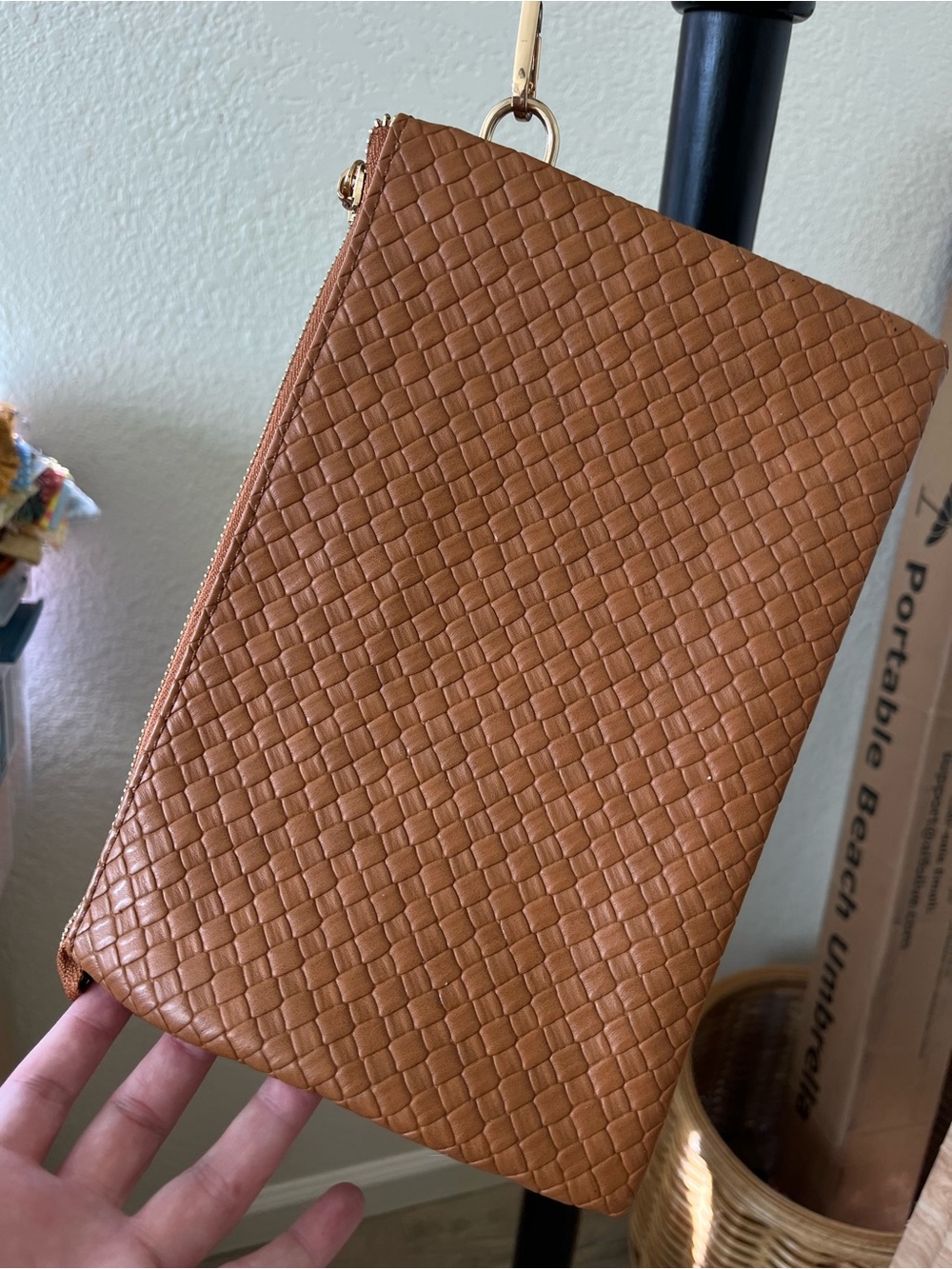 Woven Leather Wristlet Clutch in Tan